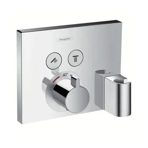 Thermostat für die Dusche von Hansgrohe, mit einer zentralen Regelung, zwei Einstellmöglichkeiten und einem Anschluss für einen Duschschlauch. Chromoberfläche.
